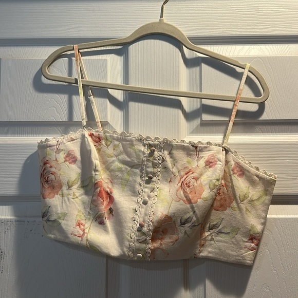 NEW! Caroline Constas Linen Crop Tank Top Rose Print L cottagecore loveshack - Picture 2 of 7